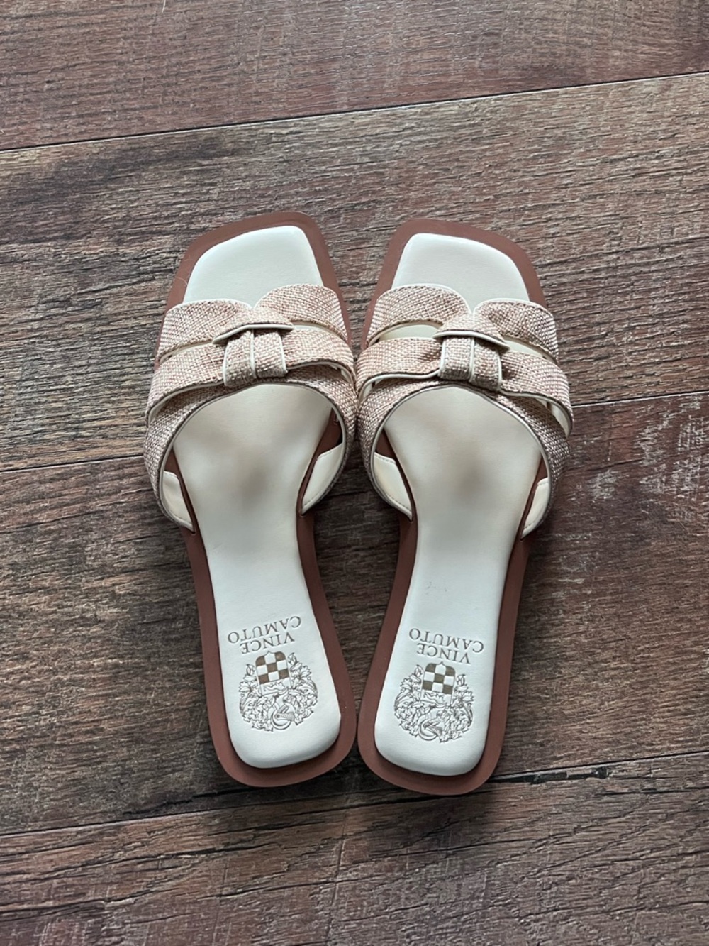 Vince Camuto Cream Woven Knot Slide Sandals